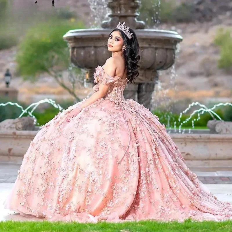 

2024 New Pink Sequined Lace Ruffles Quinceanera Dresses Off The Shoulder 3D Flowers Vestidos De 15 Años Ball Gowns Court Train