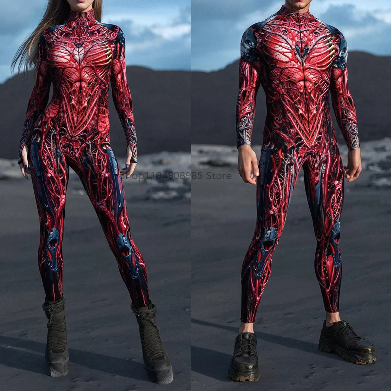 

Mecha Gore Costume Halloween Cosplay Bloody Demon Jumpsuit Carnival Mechanical Human Blood Vessel Printing Stretch Clothing
