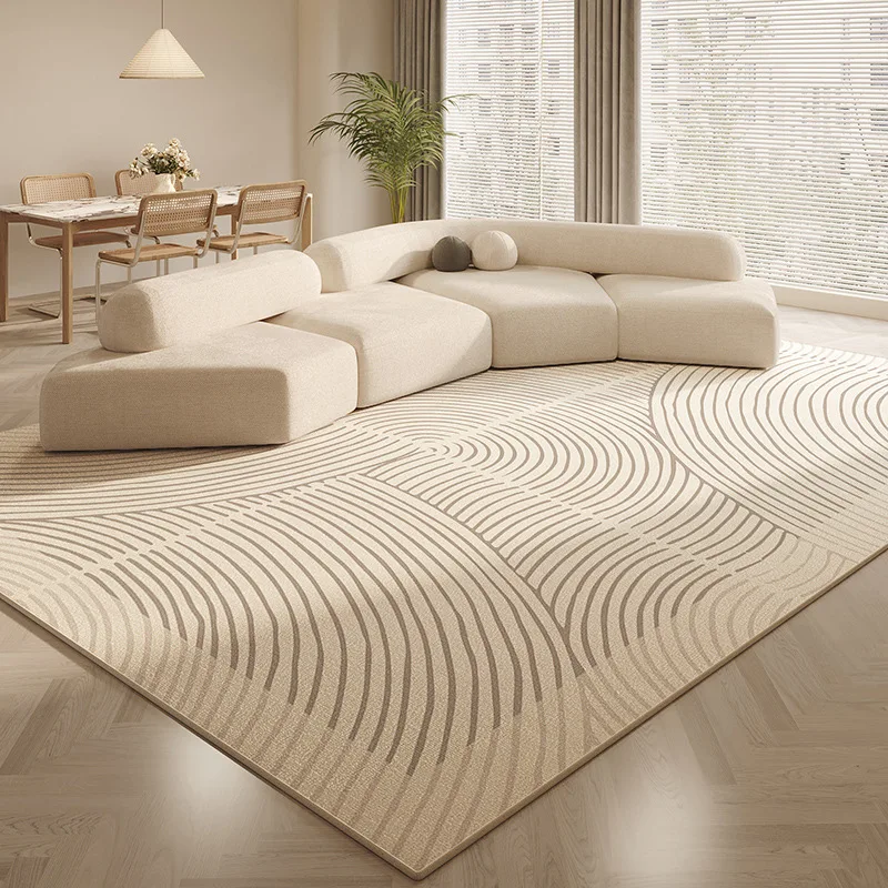 VIKAMA Beige Wavy Concentric Line Modern Rug Soft Flannel Non Slip Washable Area Carpet for Living Room Bedroom Dining Decor