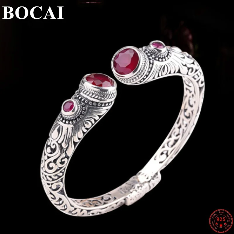 

BOCAI Sterling Silver S925 Bangle for Women New Fashion Hollowed Pattern Green Crystal Corundum Bracelets Free Shipping