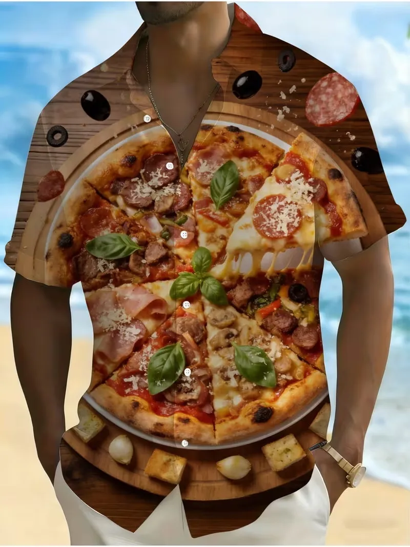 

Men's Delicious Pizza Graphic Hawaiian Shirt 3D Italian Food Print Short Sleeve Button Down Shirt Summer Casual Beach Shirts
