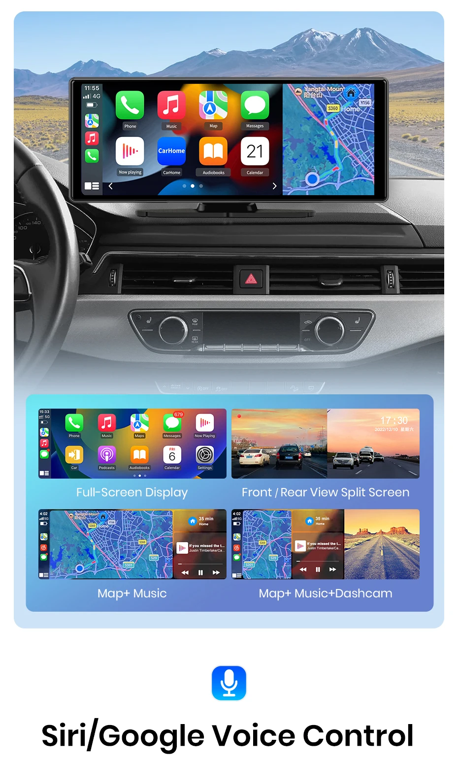 Junsun 10,26 Zoll Dashcam 4K Auto-DVR, kabelloses Carplay für Apple Android Auto, GPS-Navigation, Dashboard-Videorecorder, IPS-Touchscreen, Dual-Objektiv-Rückfahrkamera, BT-Audio, AUX, WIFI, FM – Detail 9