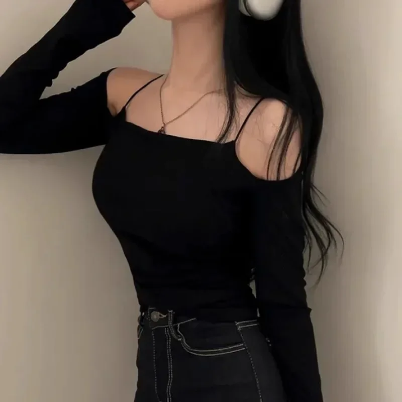Dongdaemun Korea New Style Pure Desire Sexy Off-The-Shoulder Zweiteiler Illusionslims Damen Langarm-T-Shirt Vielseitig Smoot