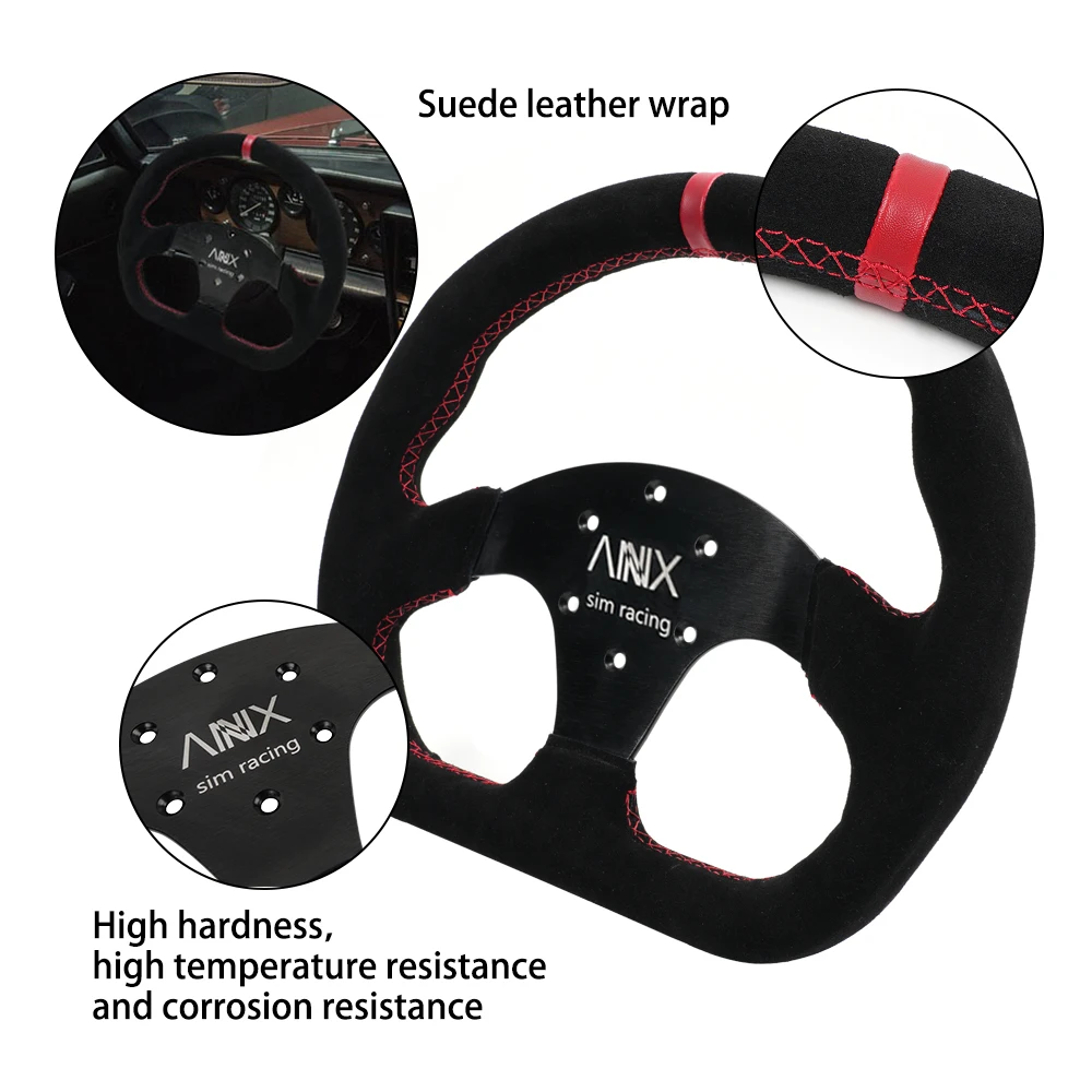 Bartoo-D Shape 325mm/13inch Flat Suede Leather Steering Wheel 70mm-PCD For Sim Racing Game or Most Vehicles Black STW043