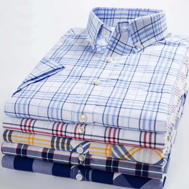 Hight qulity 100%cotton thin summer Casual short sleeve shirts for men slim fit formal plain white soft office plaid clothes