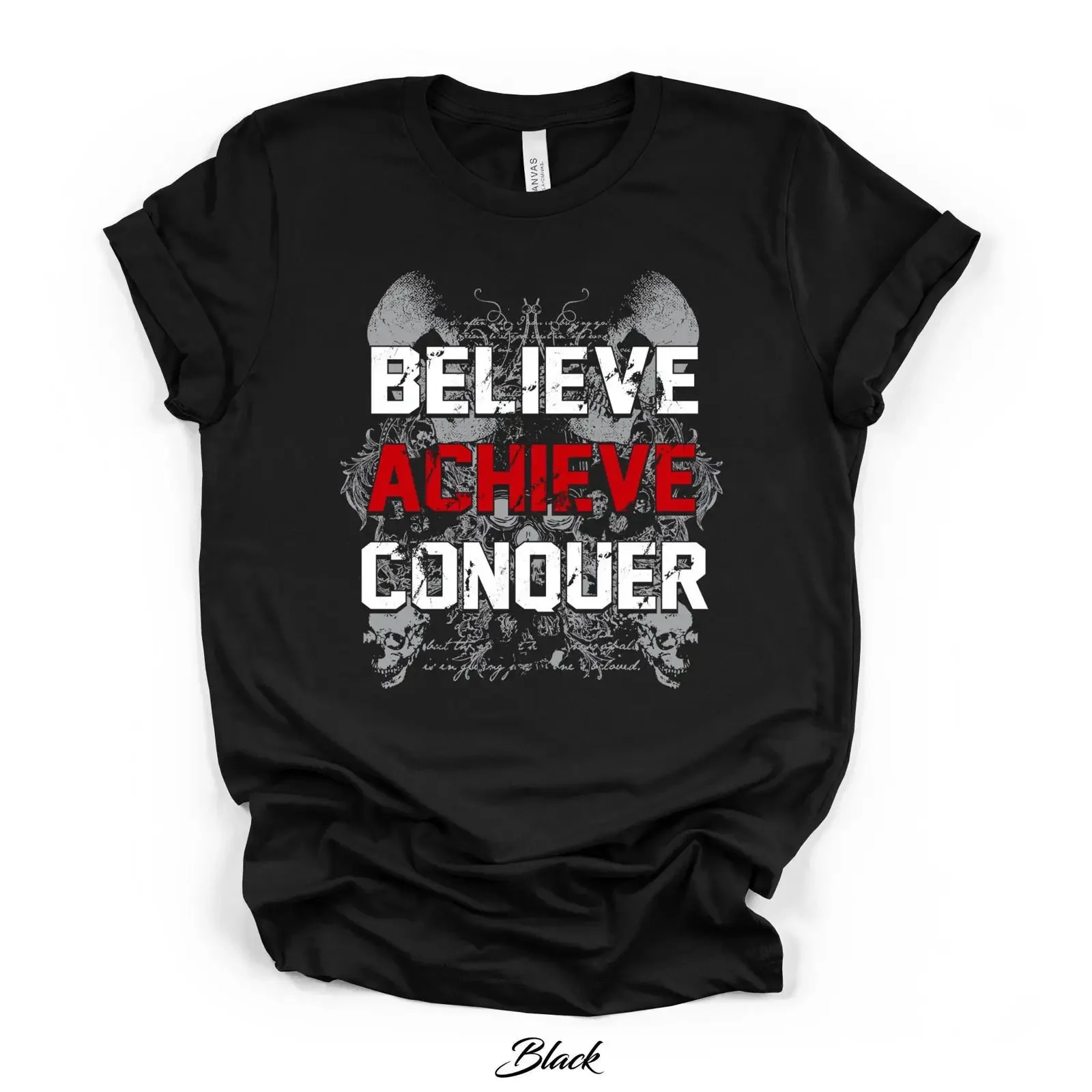 T-shirt Bella Canvas « Believe Achieve Conquer » – Inspiration Motivante, Graphisme Vintage Délavé, Polyvalent, Mode Homme