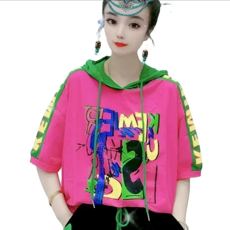T-shirt à capuche de style coréen pour femmes, mode artistique, imprimé, décontracté, à manches courtes, sweat à capuche fin, été