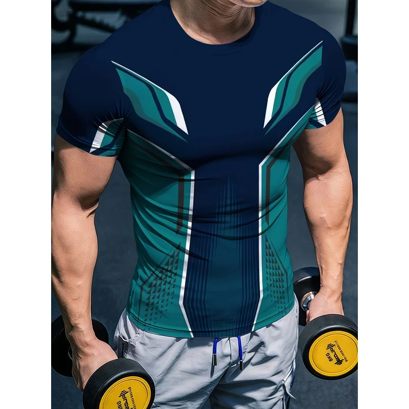 Original Design Geometric Print Men's Athletic T-Shirt High-Elasticity Body-Hugging Short Sleeve Crew Neck Quick-Dry Summer Fitn