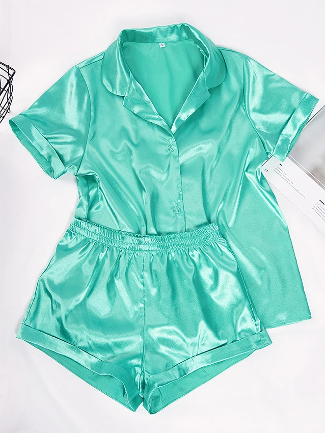 New Satin Suit with Shorts for Women 2024 Spring Summer Buttons Shirt Pajamas Set with Print Home Wear Women\'s Two Piece Outfits