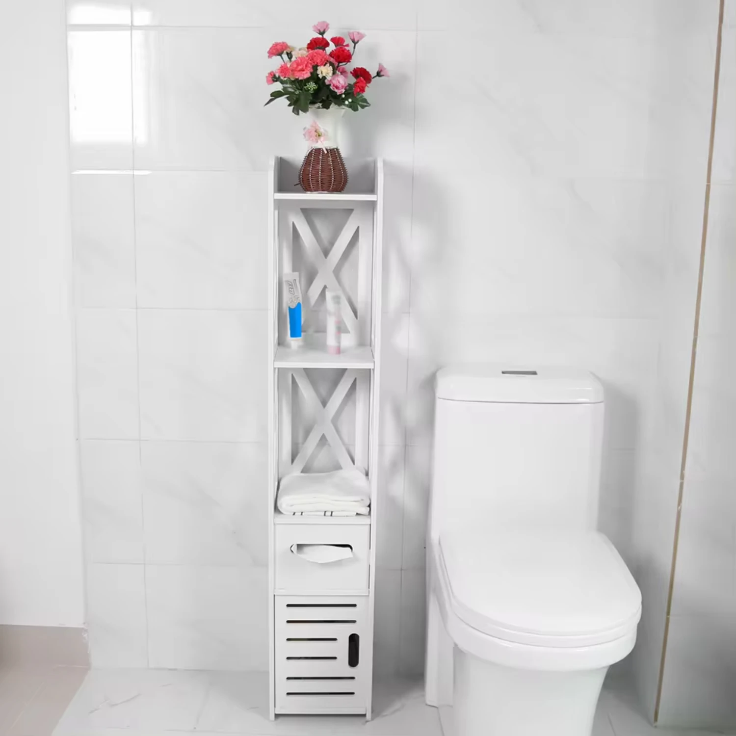 

2X White Wooden Bathroom Cabinet Shelf Cupboard Bathroom Rack