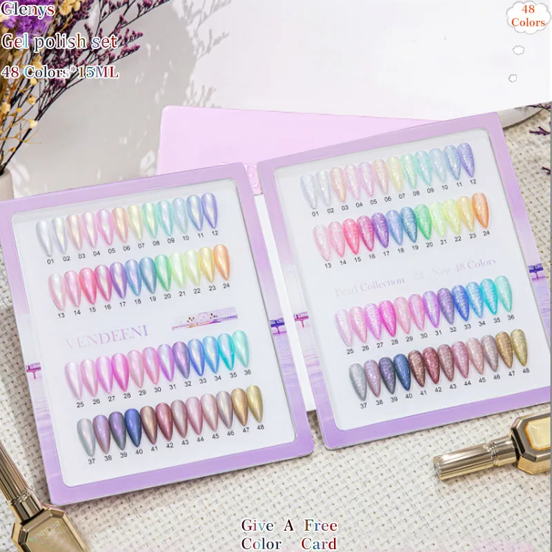 Glenys 48 color pearl macaron nail polish popular aurora fine flash immersion gel color matching card nail salon varnish set