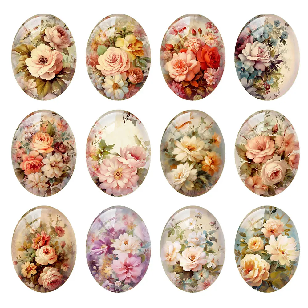 10pcs/lot Oval Photo Glass Cabochon Flatback Charms FLower Landscape Demo Flat Back Cameo Diy Jewelry Making Findings Supplies