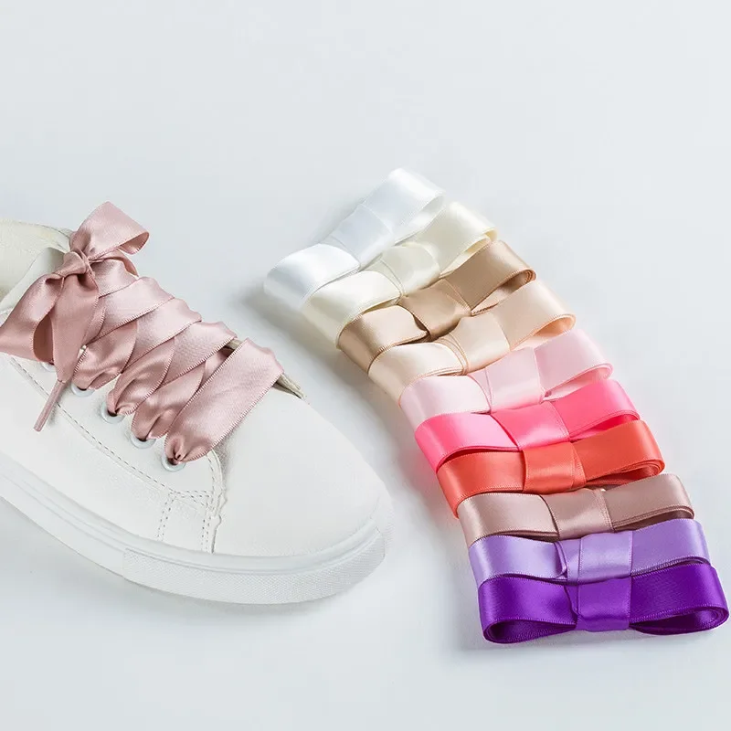 1 Pair Satin Silk Ribbon Shoelaces 2cm Width Sneakers Canvas Shoes Adjustable Length 80cm/100cm/120cm - Fashionable Shoe Laces
