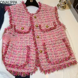 Onalippa Heavy Industry Tassel Knit Women Vest Single Breasted Small Fragrance Loose Pink Cardigan Korean Chic Sleeveless Coat