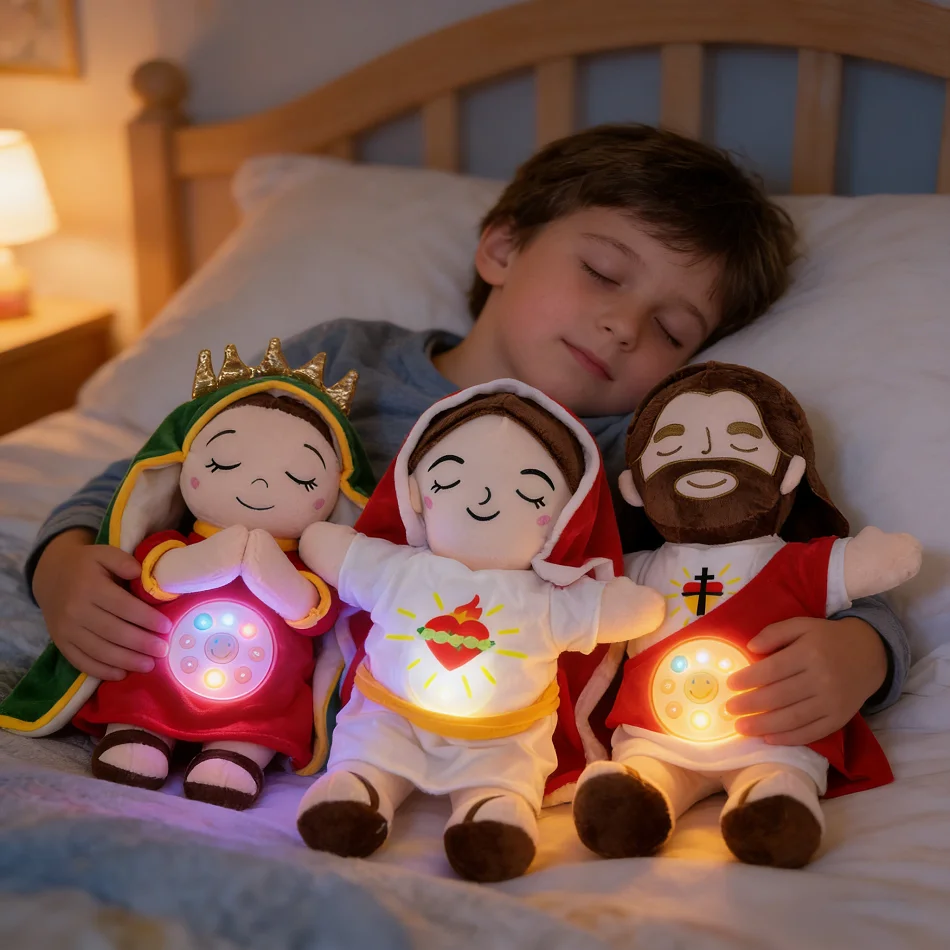 

Jesus Virgin Mary Soothe Plush Doll Breath Child Peluche Kawaii Soothes Toy Anime Baby Music Light Sleep Toys Kids Festival Gift