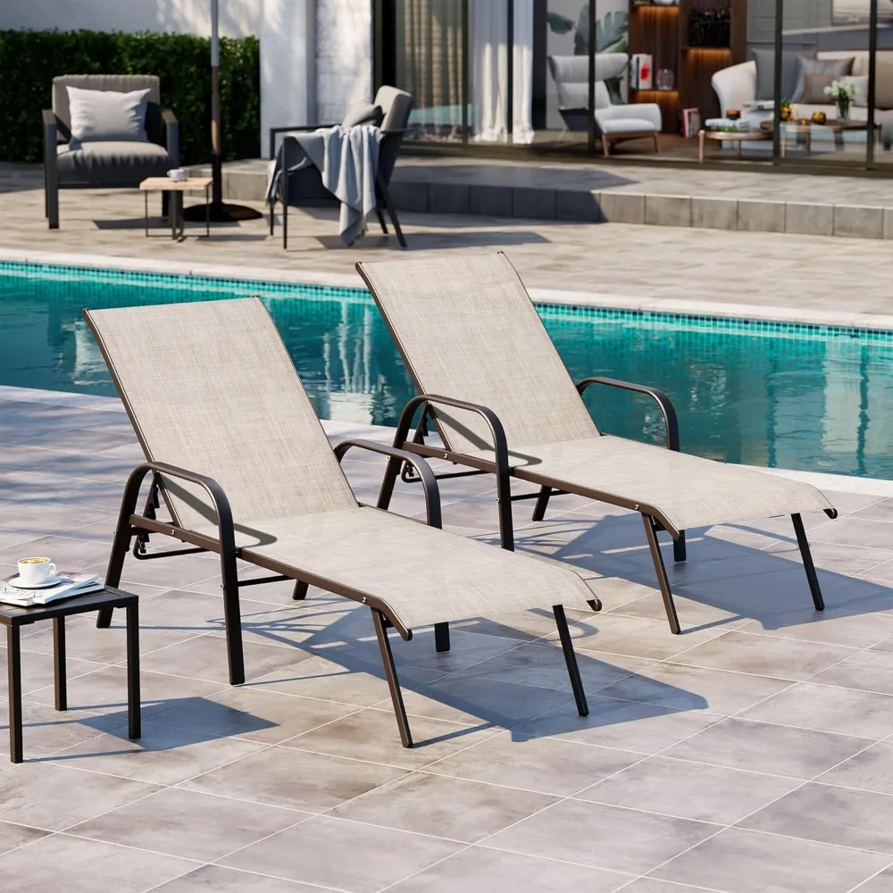 

Outdoor Chaise Lounge Chair, Adjustable Five-Position and Full Flat Pool Recliner for Patio, Deck, Beach, Yard, Poolside (2PCS