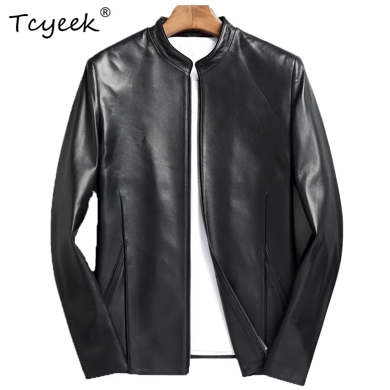 

Tcyeek Sheepskin Spring Autumn High End Motorcycle Stand Collar Black Short Men Genuine Leather Jacket Jaquetas Masculino