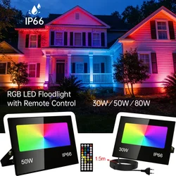 AC85-265V RGB LED Floodlight 80W 50W 30W IP66 Waterproof Outdoor Projector Spotlight with Remote Dimmable & EU US AU UK Plug