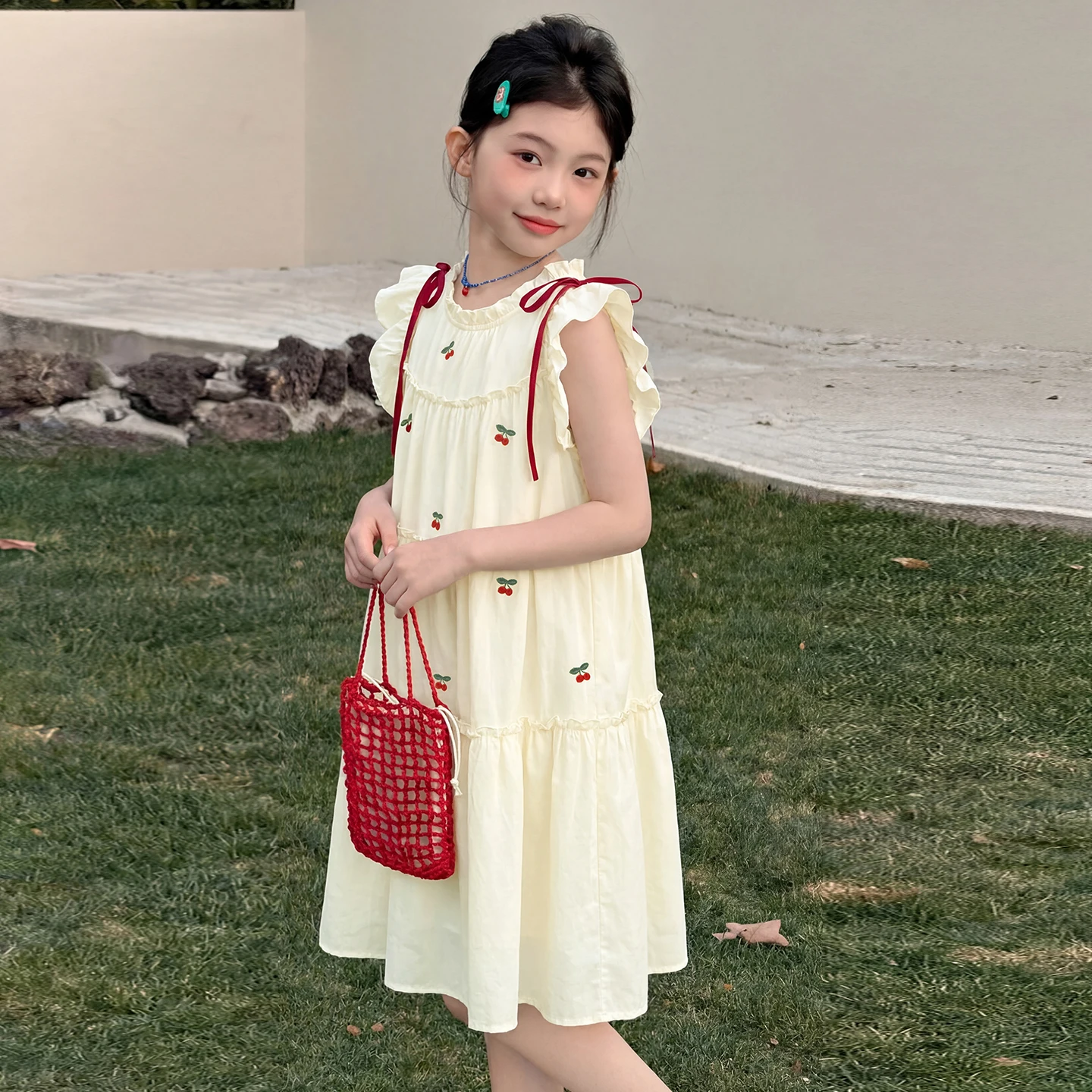 Kids Dresses For Girls Cherry Embroidered Red Bow Flutter Sleeve Tiered Casual Summer Birthday Sundress Kids Clothes 5 7 9 12 Y