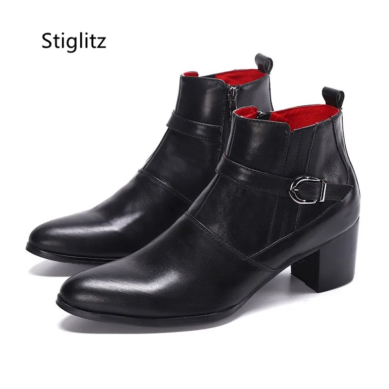 Retro Black Genuine Leather Ankle Boots for Men Zip Belt Buckle Men's Boots High Heels Elegant Male Dress Shoes Wear-Resistant