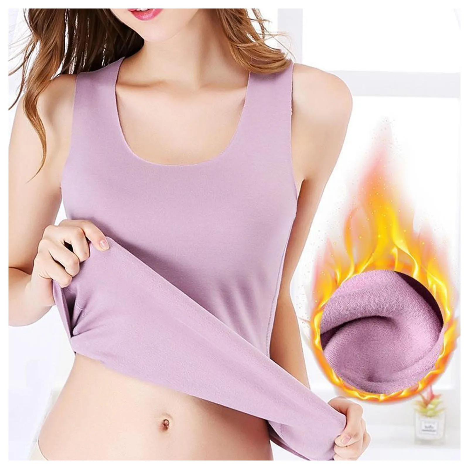 Fleece Lined Camisole Tank Top Sleeveless Thermal Vest Camisole Lingerie Pair with Leggings Jeans Slim Pants