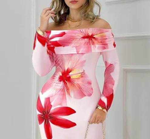 

Female Floral Print Off Shoulder Long Sleeve Party Dress Temperament Fashion Wear Autumn New Women's Sexy Vacation Slim Dresses