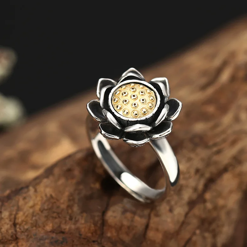 sterling silver jewelry creative versatile and elegant lotus turning ring thai silver open index finger women's ring