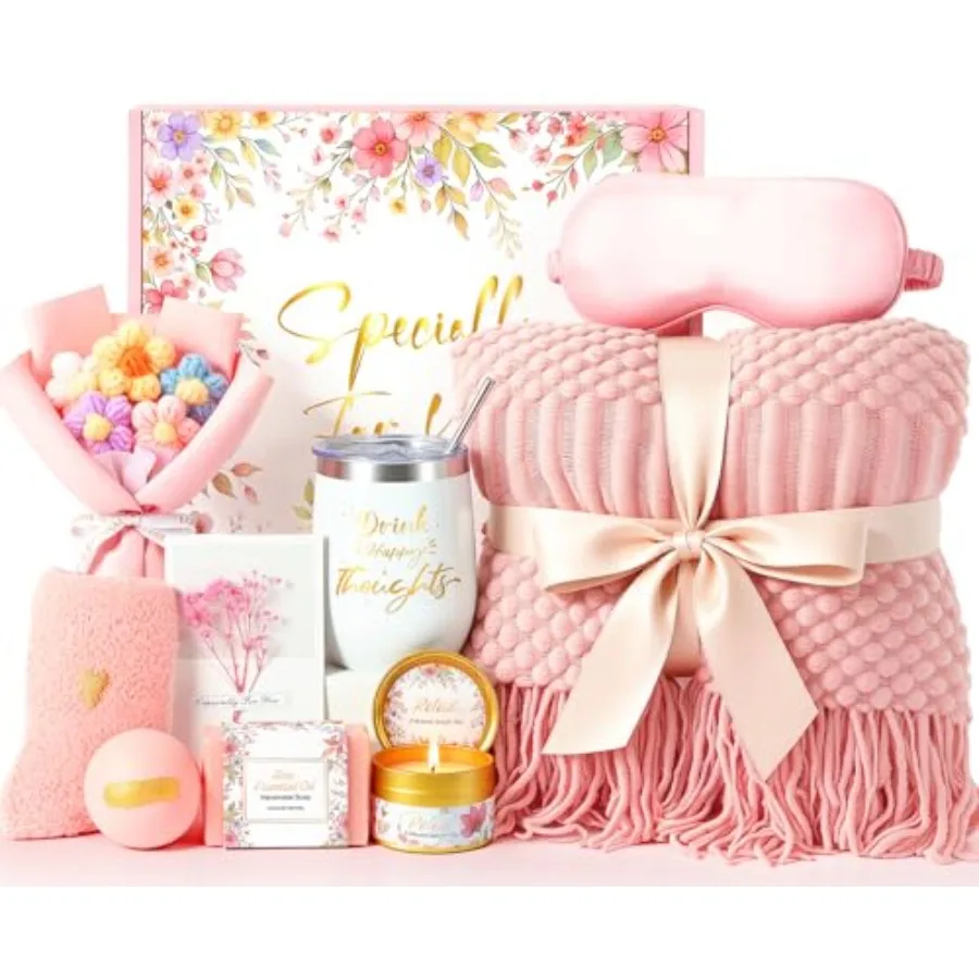 

Birthday Gifts for WomenMothers Day Gifts for Mom Valentines Day Gift for Her Self Care Spa Gift Basket with Blanket Candle Bat