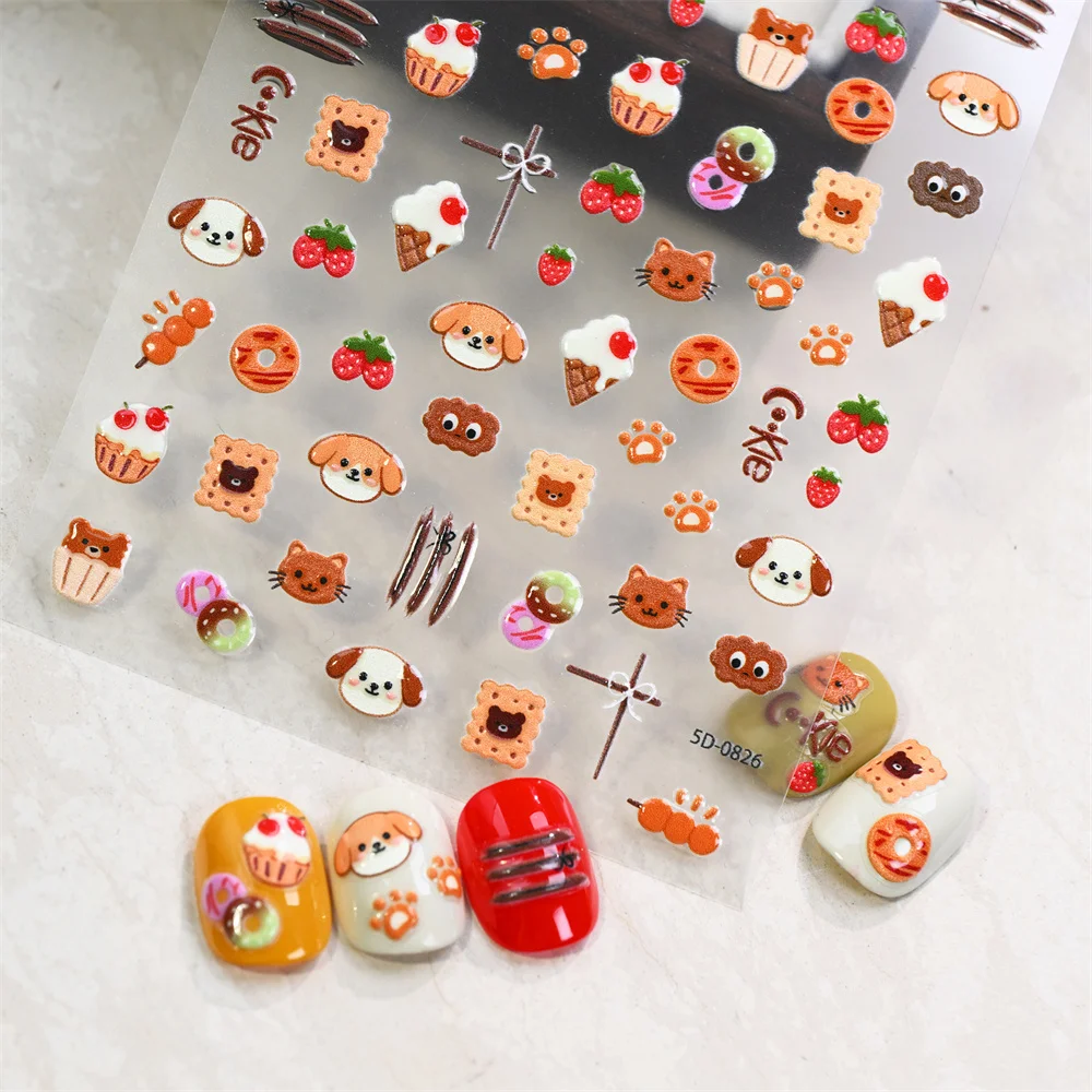 1 Sheet 5D Cute Pet&Dessert Nail Stickers Embossed Cat Dog Strawberry Cookies Nail Decals Self-Adhesive for DIY Kawaii Manicure