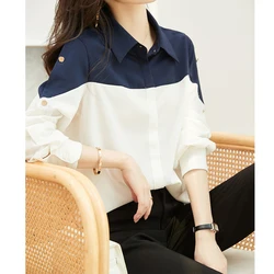 Contrast Simplicity Office Lady Blouse Spring New Long Sleeve Polo Neck Loose Patchwork Shirt Tops Elegant Fashion Women Clothes