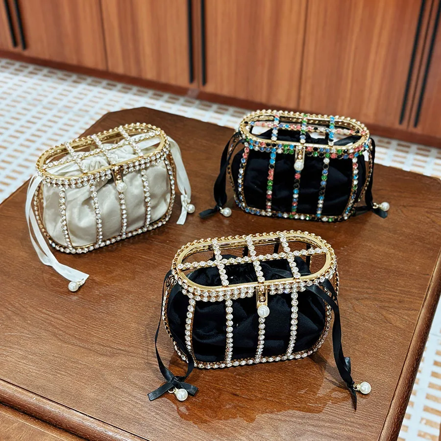 

Французская маленькая сумка-корзинка в форме клетки для птиц, инкрустированная блестящими стразами, с полым жемчужным ремешком, вечерняя сумка, модная сумка через плечо