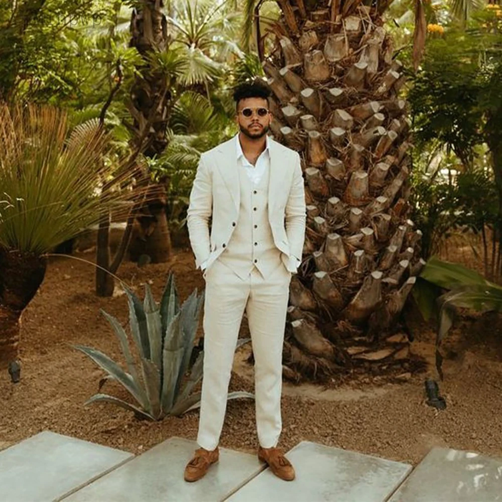

Beach Set Beige Linen Wedding Suits for Groom 3 Pieces Summer Men Blazer Suit Costume Homme Pour Mariage Jacket+Vest+Pants