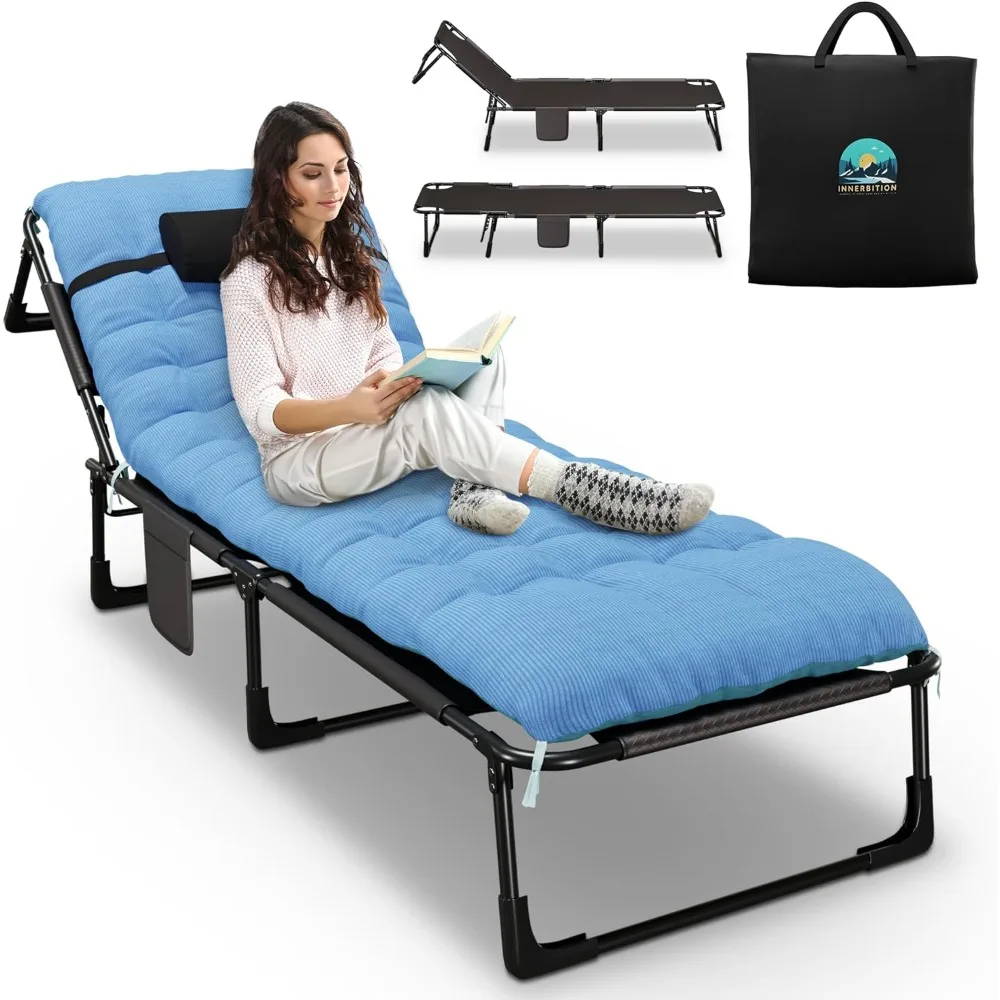 

Folding Camping Bed with Mattress, 4 Adjustable Position, Pillow, Double-Sided Cushion & Carrying Bag, Portable Folding Bed