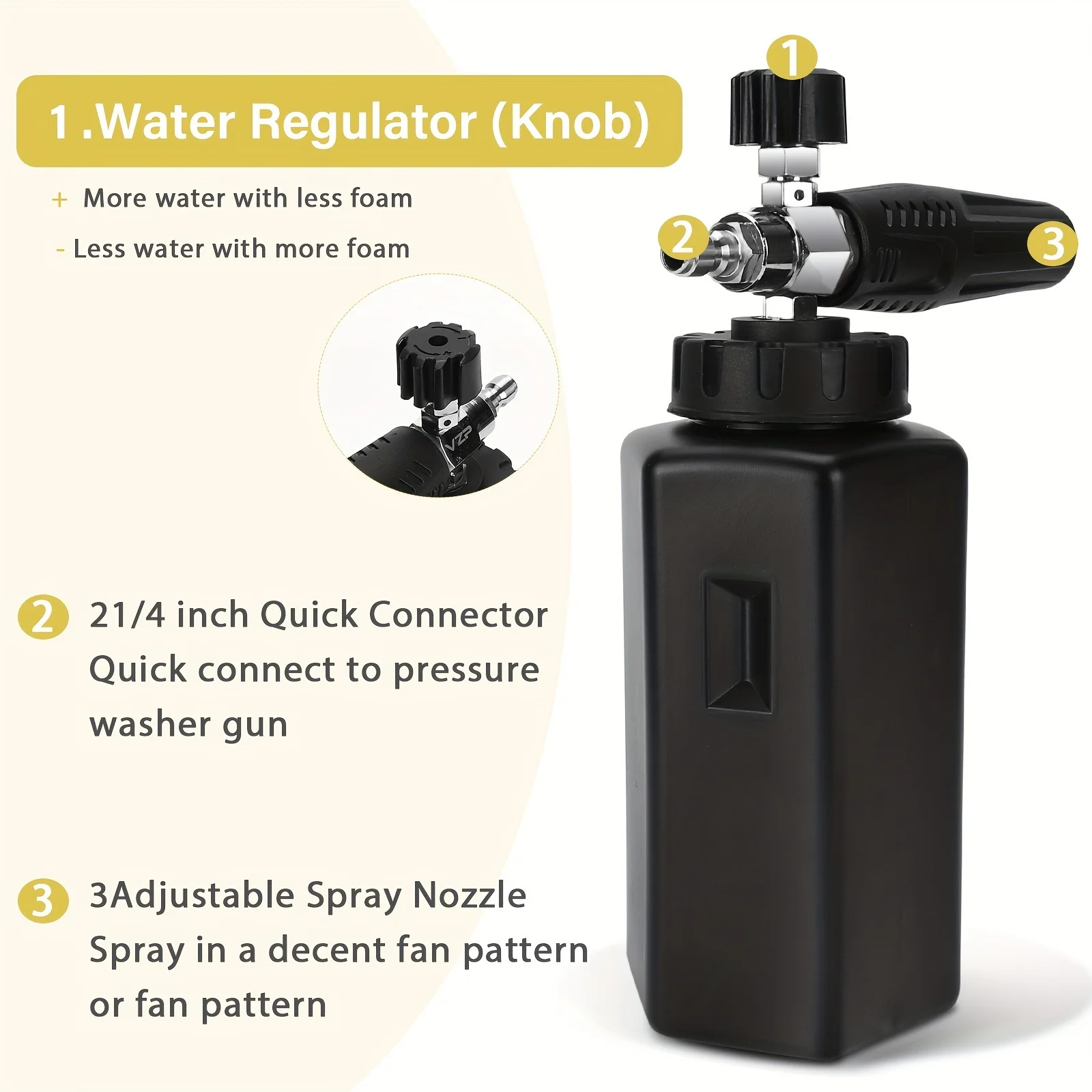 High-Pressure Foam Cannon, 80° Adjustable Nozzle, Copper & ABS Build, Quick Connect for Car Wash, No Battery