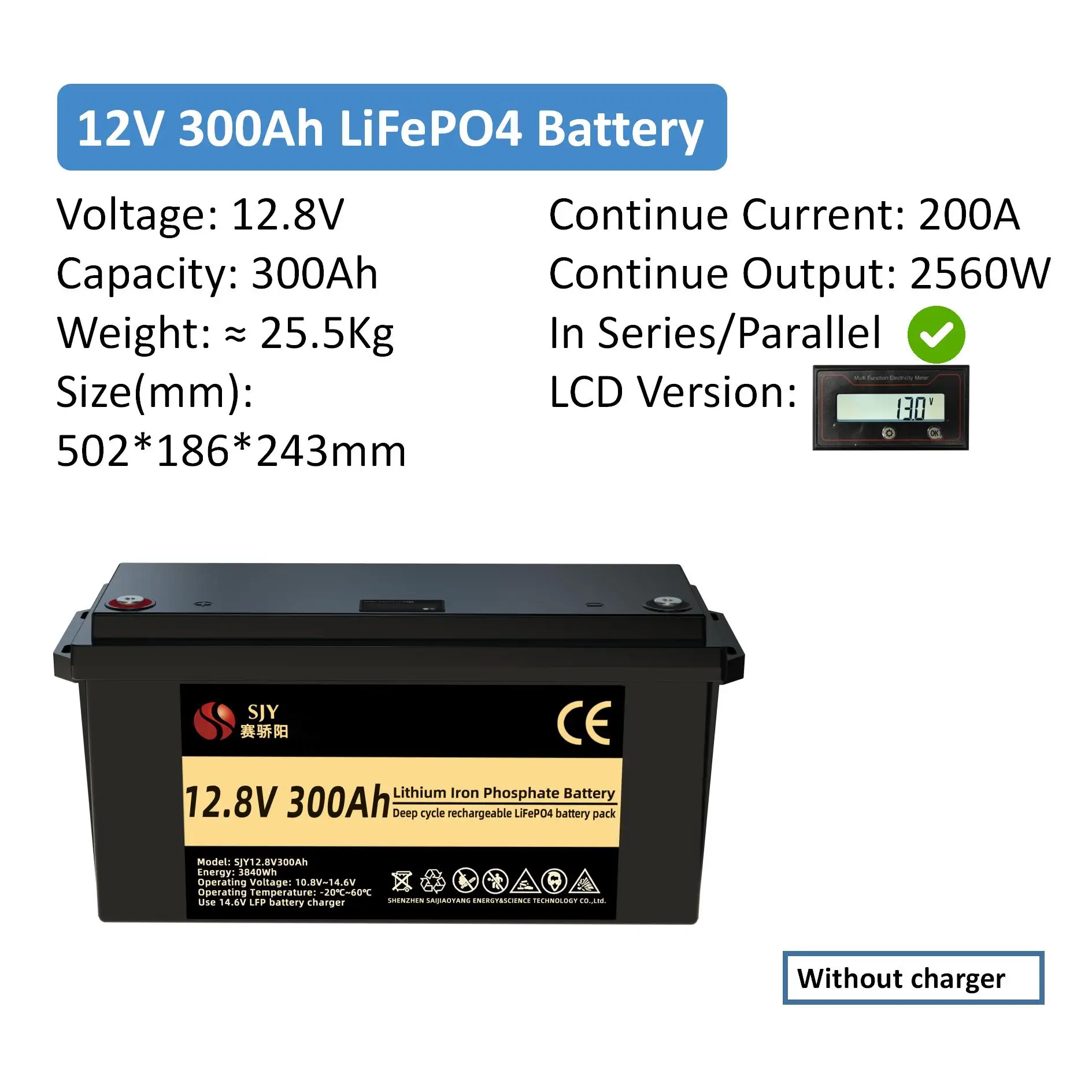 12,8V 300Ah LiFePO4 Lithium-batterij 3840Wh |   12V Deep Cycle Accu Pack voor Camper, Boot, Off-Grid Zonne-energiesysteem