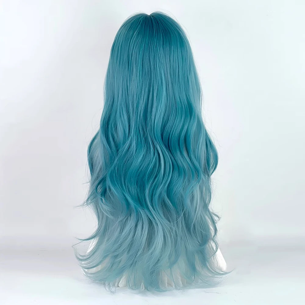 Long Wavy Ombre Blue Green Blend Layered Synthetic Wig with Bangs Lolita Cosplay Women Fluffy Hair Wig for Daily Party