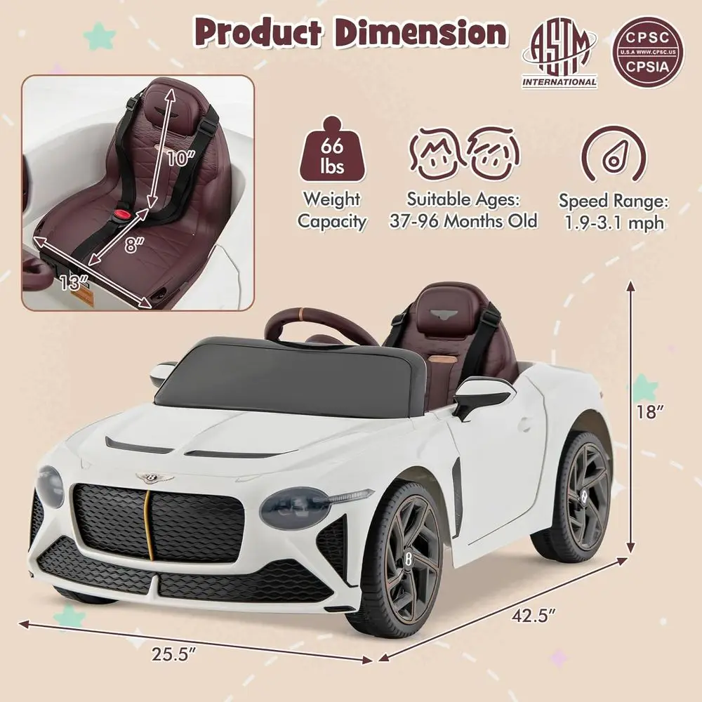 Ride on Car, 12V Licensed Bentley Bacalar Battery Powered Kids' Electric Vehicles w/Remote Control, Scissor Doors,Wireless,White