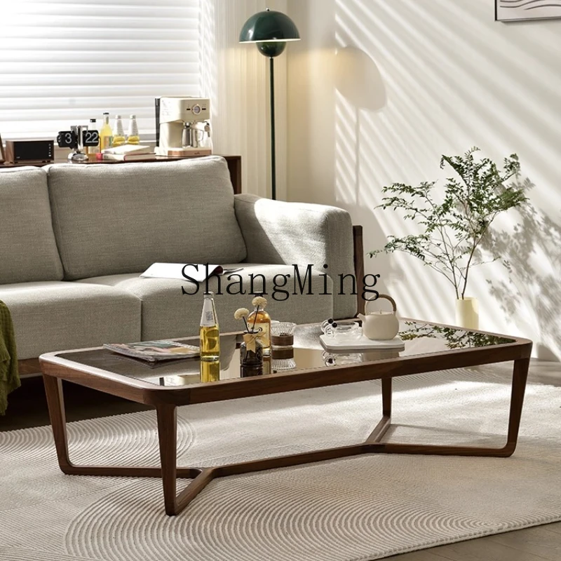 

ZYY black walnut tempered glass large coffee table rectangular solid wood furniture