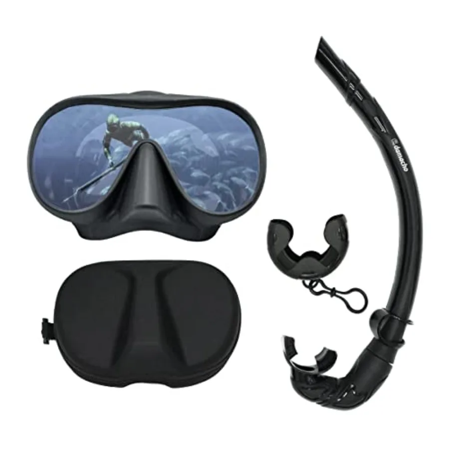 

Diving mask and travel snorkel set for underwater exploration: frameless tempered glass, black color, soft silicone, anti-fog a
