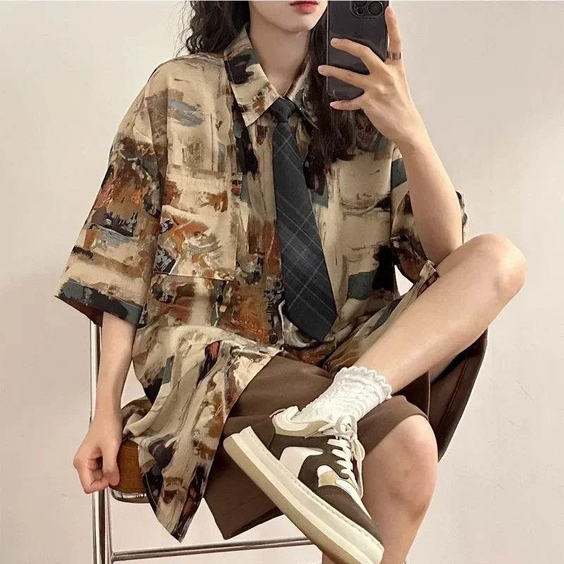 DAYIFUN-Vintage Floral Shirts with Tie for Women Hong Kong Style Short Sleeve Blouses Loose Lapel Korean Chic Summer Blusas