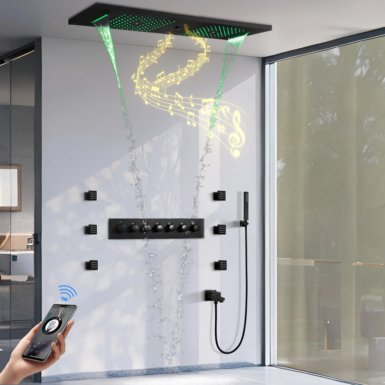 304 stainless steel ceiling 90 * 30cm LED music shower top spray bathroom concealed constant temperature