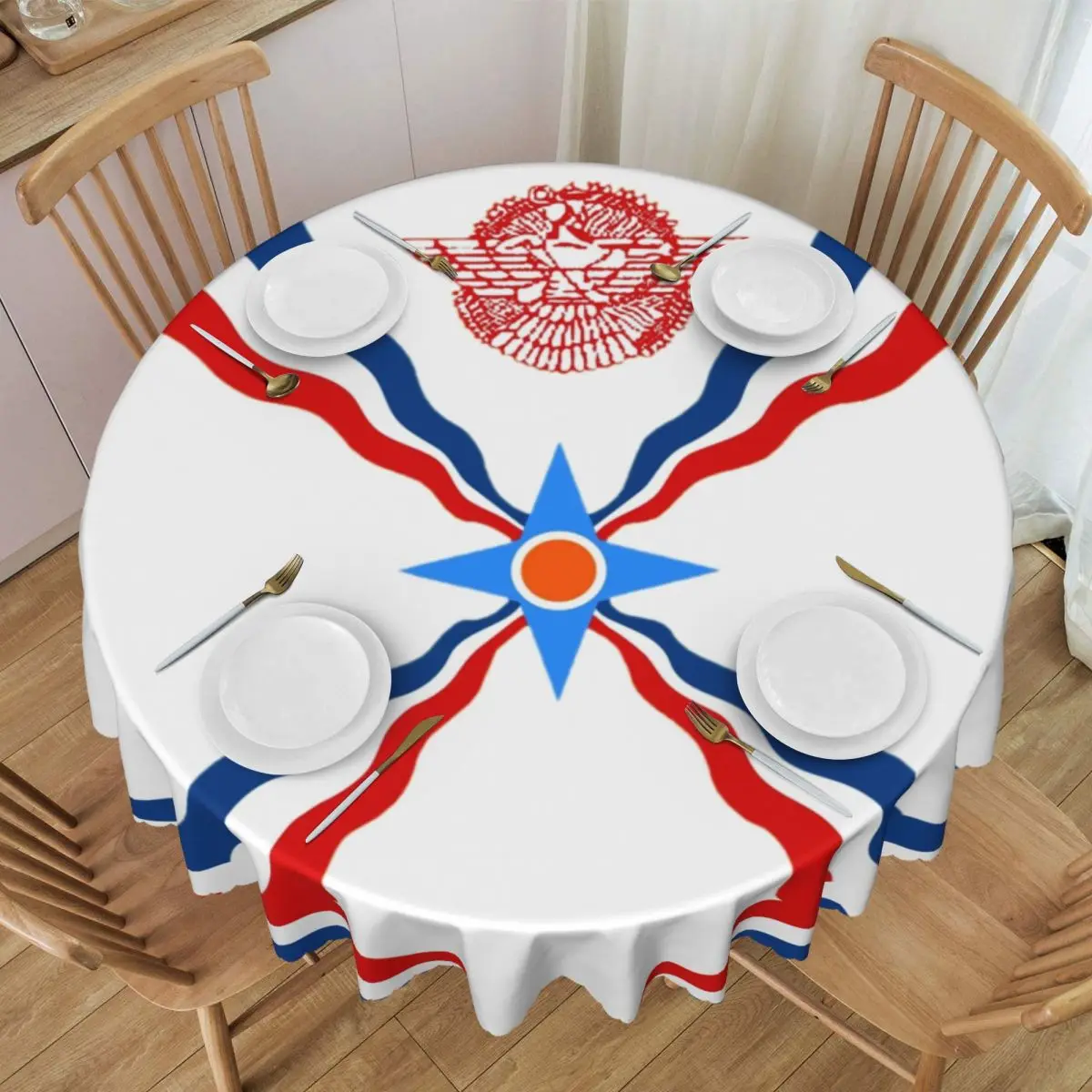 Round Waterproof Assyrian Suryoyo Flag Table Cover Syriac Aram Tablecloth for Picnic 60 inches Table Cloth