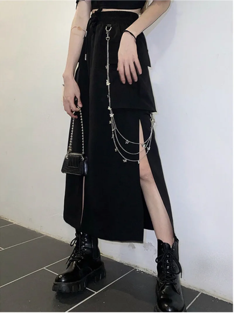 

2025 New Spring Autumn Women Skirt Fashion Korean Style Black Long Skirts With Chain Side Slit Hip Hop Streetwear Plus Size 5MQY