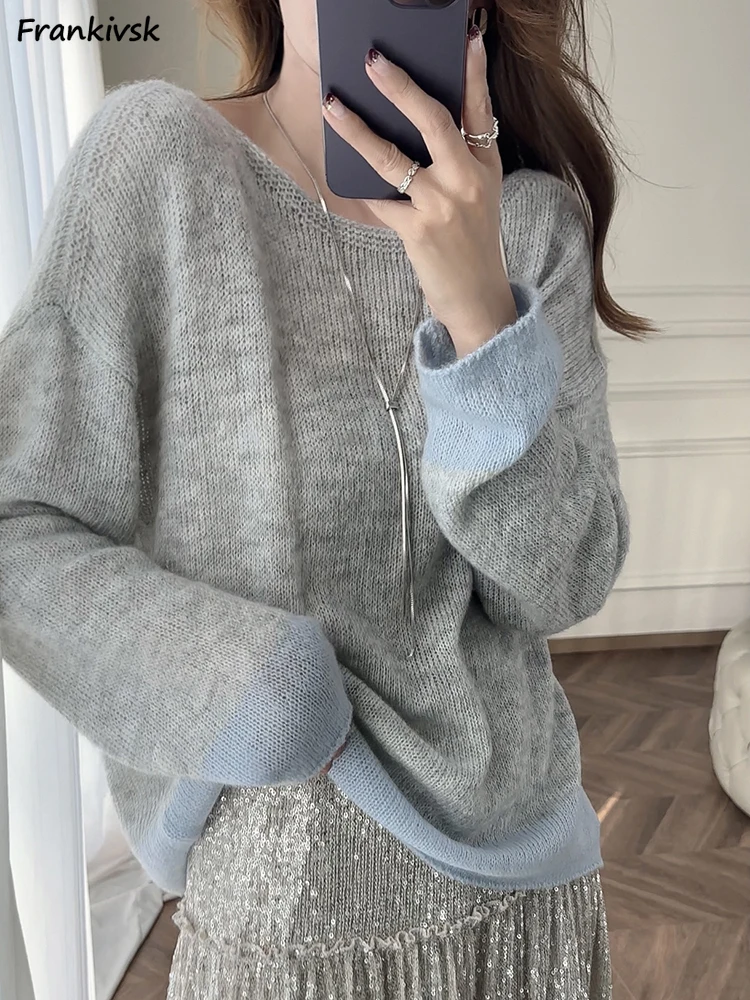 

Women Pullovers Creativity Panelled Baggy Commuting Tender Spring Long Sleeve Elegant O-neck Thin Teenagers Korean Style Retro