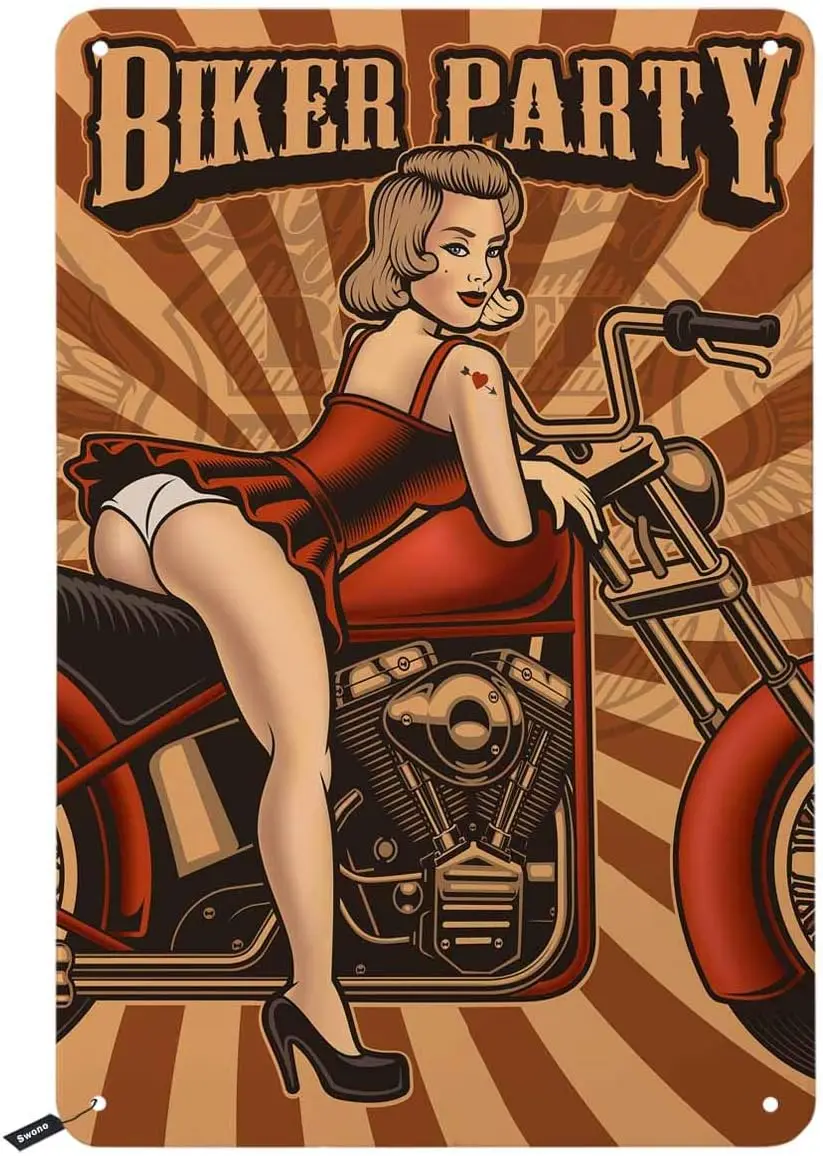 Swono Biker Party Tin Signs,Sexy Sit on The Motorbike Vintage Metal Tin Sign For Men Women,Wall Decor for Bars,Restaurants,Cafes