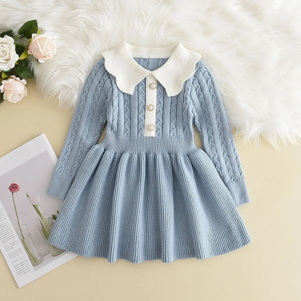 Baby Winter Girls Knitting Wool Puff Long Sleeve Dress Autumn Party Girl Baby Ruffle Knitted Princess Sweater Dresses Girls Gift