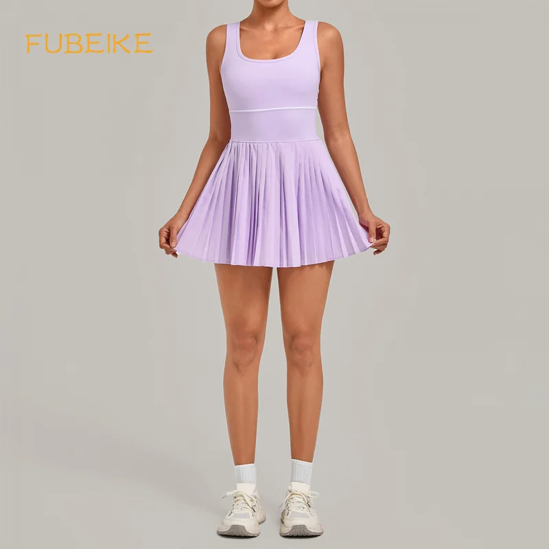 Women Summer Autumn Pleated Tennis Dress Sleeveless Back Cutout Sports Dress With Built-in Bra Athletic Outfit For Golf Tennis