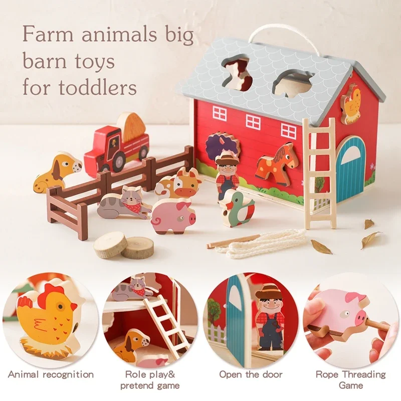 

Wooden Simulated Farm Setting Scene Toys Montessori Toy Baby Shape Matching Animal Threading Children Puzzle Blocks Gifts