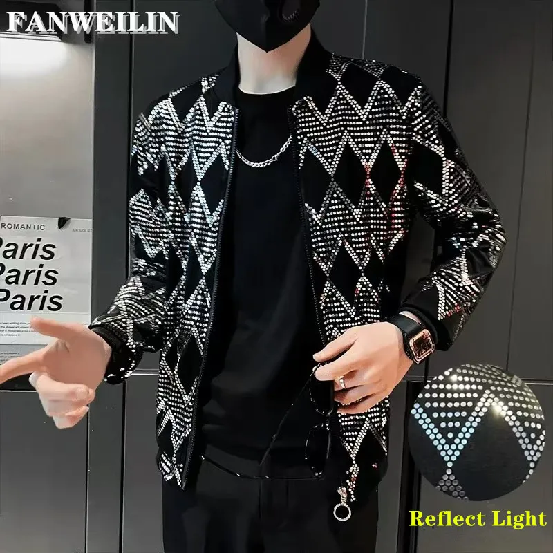 Y2K Men's Streetwear Night Club Stage Thin Motorcycle Jackets Fashion Men Hip Hop Sequined Bombers Jacket Coat Fashion Clothing