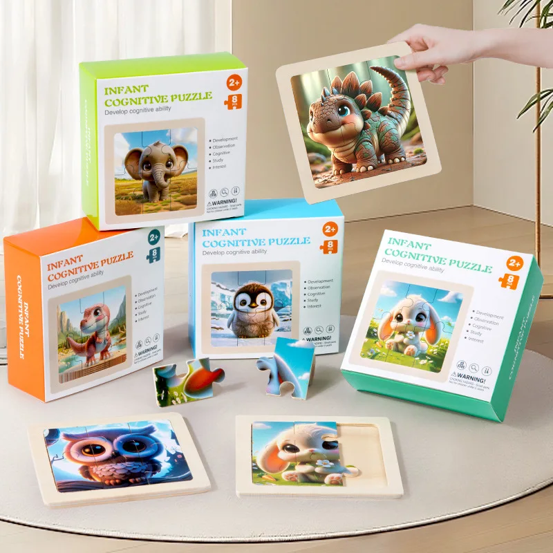 Bview Art 8pcs Wooden Jigsaw Puzzles Set for Kids, Cartoon Animal Puzzles Board Educational Learning Toys